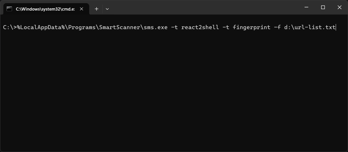 SmartScanner CLI bulk scanning a list of URLs for react2shell vulnerability