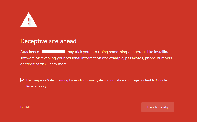 Google Chrome warning user about deceptive site